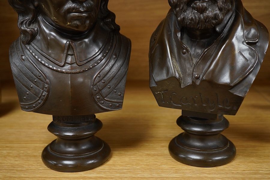 Two bronze busts of Oliver Cromwell, indistinctly signed and Thomas Carlyle, largest 26cm high